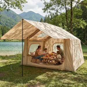Inflatable Camping Tent 4-6 Person, Quick Setup Blow Up Family Tent with Roof Window & Stove Jack, Waterproof Oxford Glamping Cabin for Car Camping