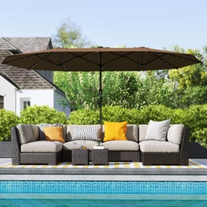 Double-Sided Sunshade Umbrella, Outdoor Garden Sunshade Umbrella, Patio Sunshade Umbrella with Led Solar Lights, Coffee Color