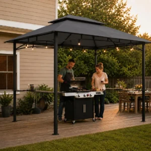 Outdoor BBQ Canopy Shelter 8x5 Grill Gazebo Double Tiered Roof Ventilation Heavy Duty Patio Canopy Tent Steel Frame For Backyard Garden Lawn Grilling Party Picnic Cooking Events