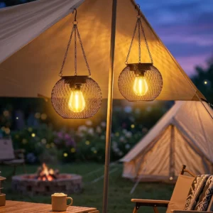 2‑Pack Solar Hanging Lanterns Outdoor, IP65 Waterproof Metal Mesh Solar Lantern with Retro Edison LED Bulb, Auto On/Off 2700K Warm White Solar Lamp for Garden Patio Yard Porch Tree Camping Decor